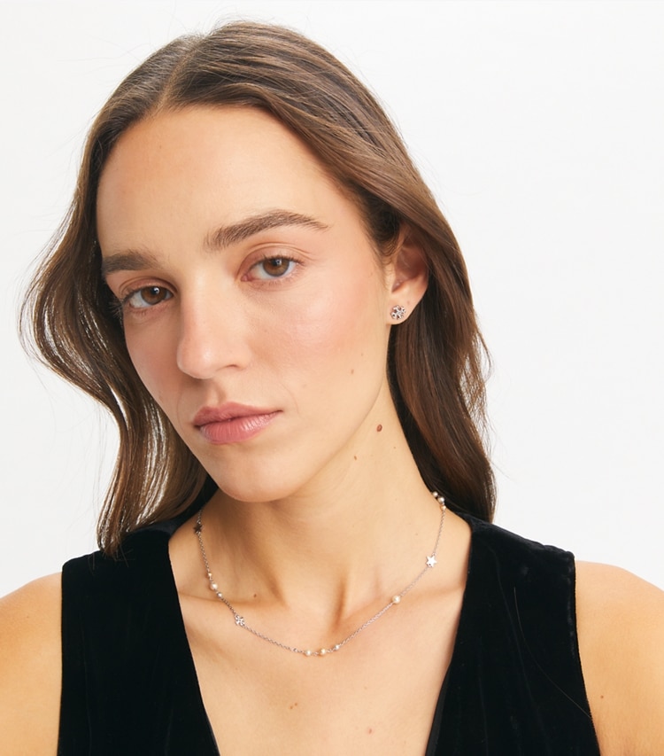 Tory Burch designer jewelry boxes Kira Necklace And Stud Earring Gift Set in Tory Silver / Pearl / Crystal accessory on model