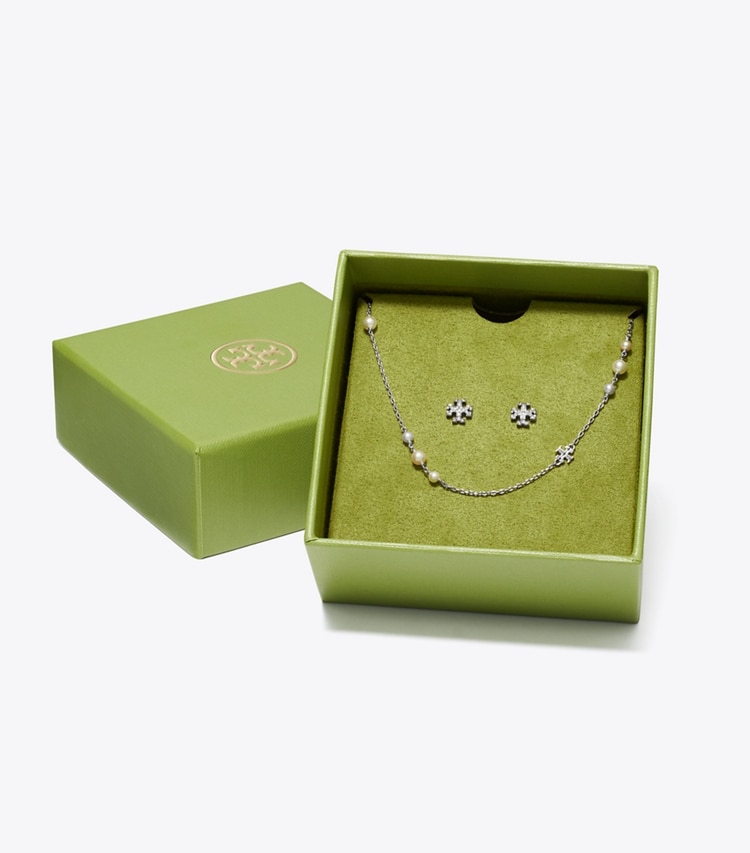 Tory Burch designer jewelry boxes Kira Necklace And Stud Earring Gift Set in Tory Silver / Pearl / Crystal additional