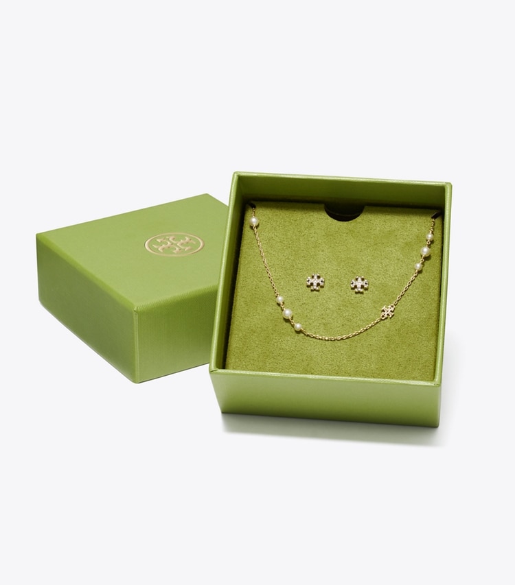 Tory Burch designer jewelry boxes Kira Necklace And Stud Earring Gift Set in Tory Gold / Pearl / Crystal additional