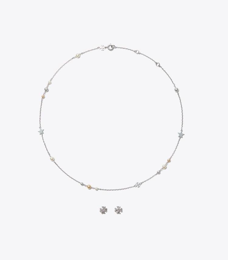 Tory Burch designer jewelry boxes Kira Necklace And Stud Earring Gift Set in Tory Silver / Pearl / Crystal front