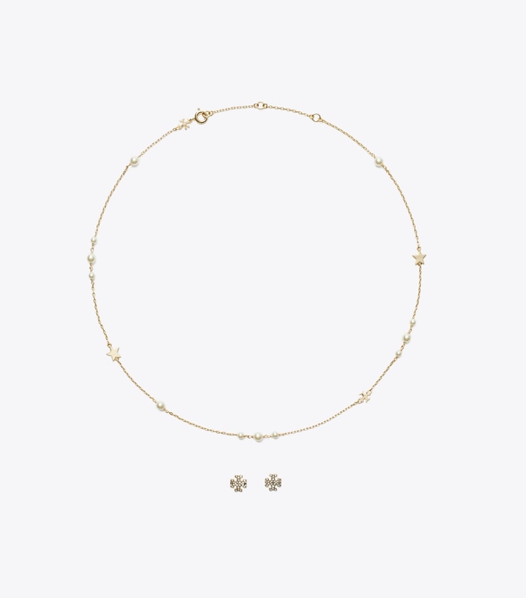 Tory Burch designer jewelry boxes Kira Necklace And Stud Earring Gift Set in Tory Gold / Pearl / Crystal front