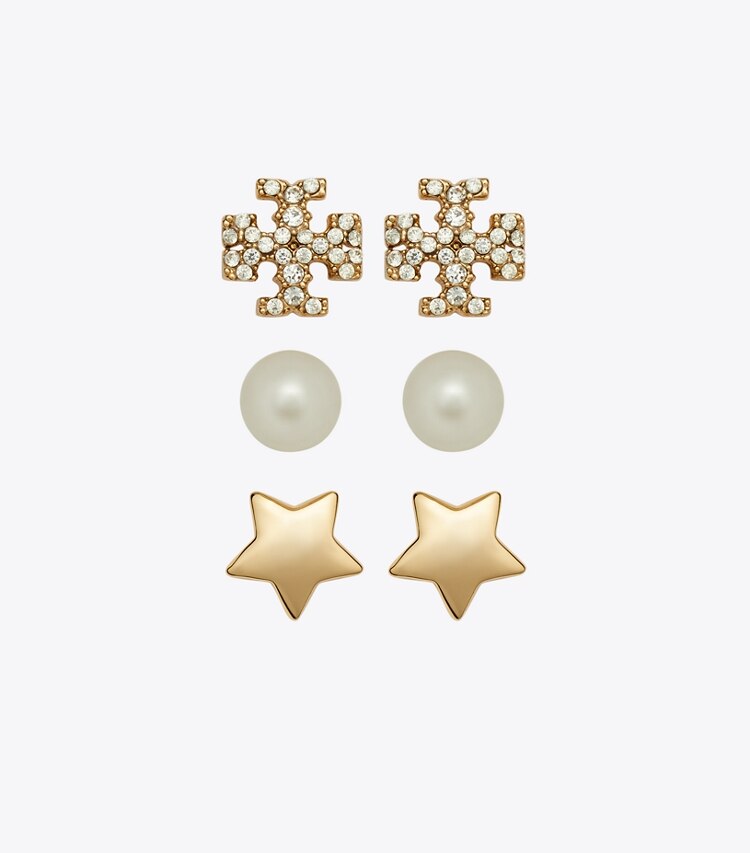 Tory Burch designer schmuckkästchen Kira Ohrstecker-Geschenkset in Tory Gold / Crystal / Pearl front