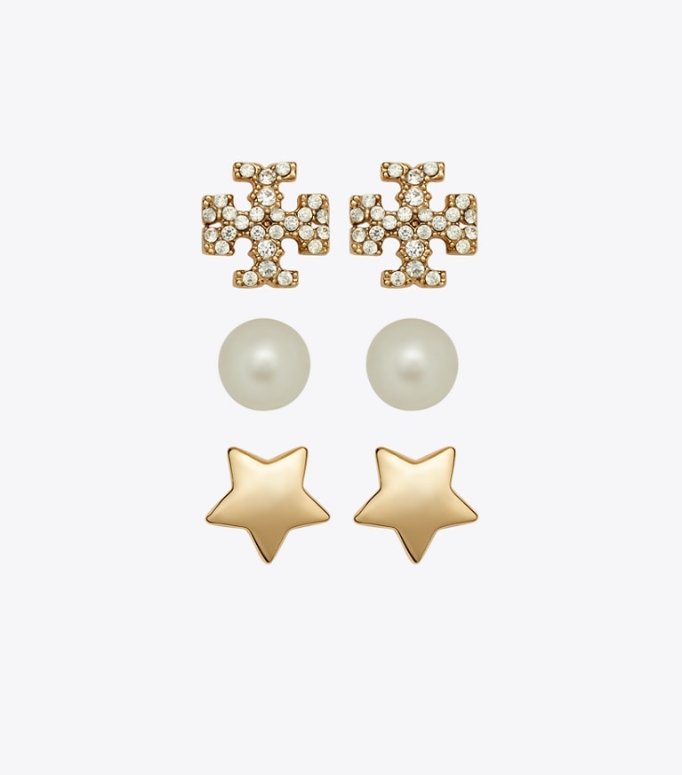 Tory Burch designer schmuckkästchen Kira Ohrstecker-Geschenkset in Tory Gold / Crystal / Pearl front