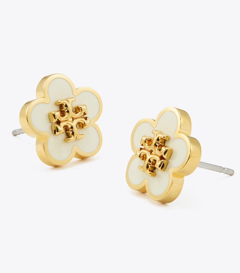 Tory Burch designer ohrringe Kira Ohrstecker mit Emailleblume in Tory Gold / New Ivory front