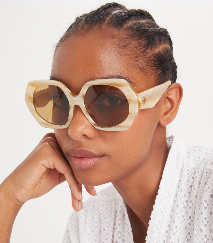 Tory Burch designer sunglasses & eyewear Kira Oversized Geometric Sunglasses in GREEN HORN/DARK GREEN CLEAR GRADIENT accessory on model