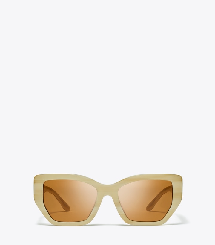 Tory Burch designer sunglasses & eyewear Kira Oversized Geometric Sunglasses in IVORY HORN/SOLID BROWN front