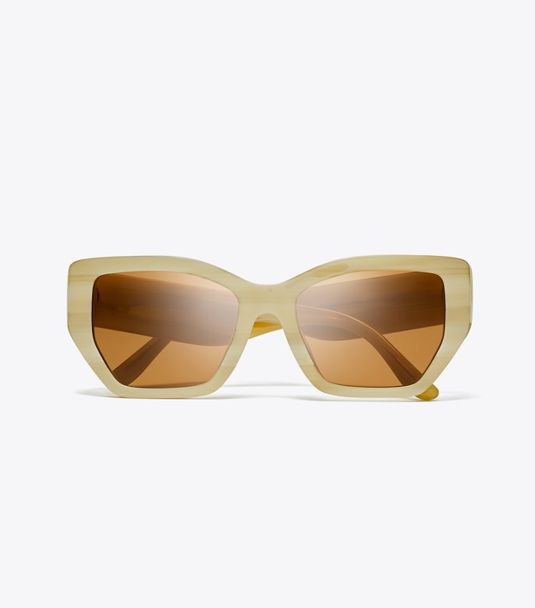 Tory Burch designer sunglasses & eyewear Kira Oversized Geometric Sunglasses in IVORY HORN/SOLID BROWN overhead