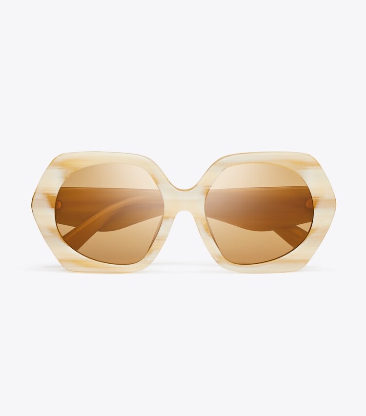 Tory Burch designer sunglasses & eyewear Kira Oversized Geometric Sunglasses in IVORY HORN/OCHRE overhead