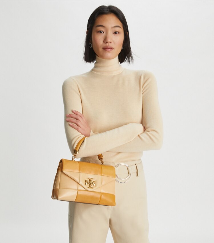 Tory Burch designer satchels Kira Patchwork Small Top-Handle Satchel  in GOLDEN STRAW MIX accessory on model