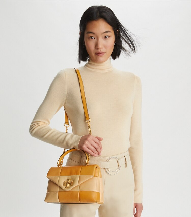 Tory Burch designer satchels Kira Patchwork Small Top-Handle Satchel  in GOLDEN STRAW MIX additional on model