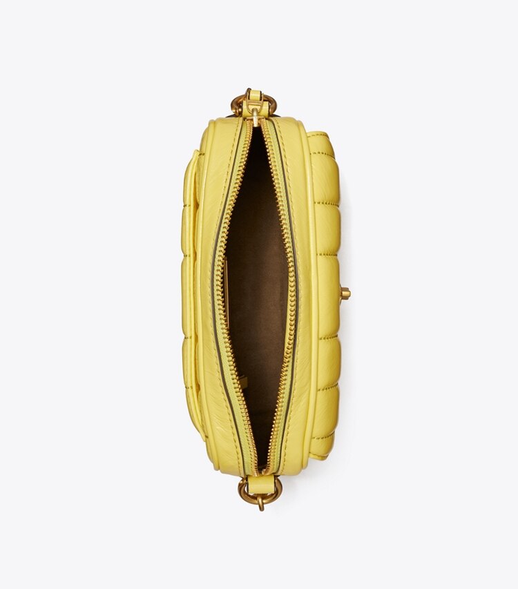 Tory Burch designer crossbody bags Kira Patent Mini Camera Bag in Vintage Lemon overhead