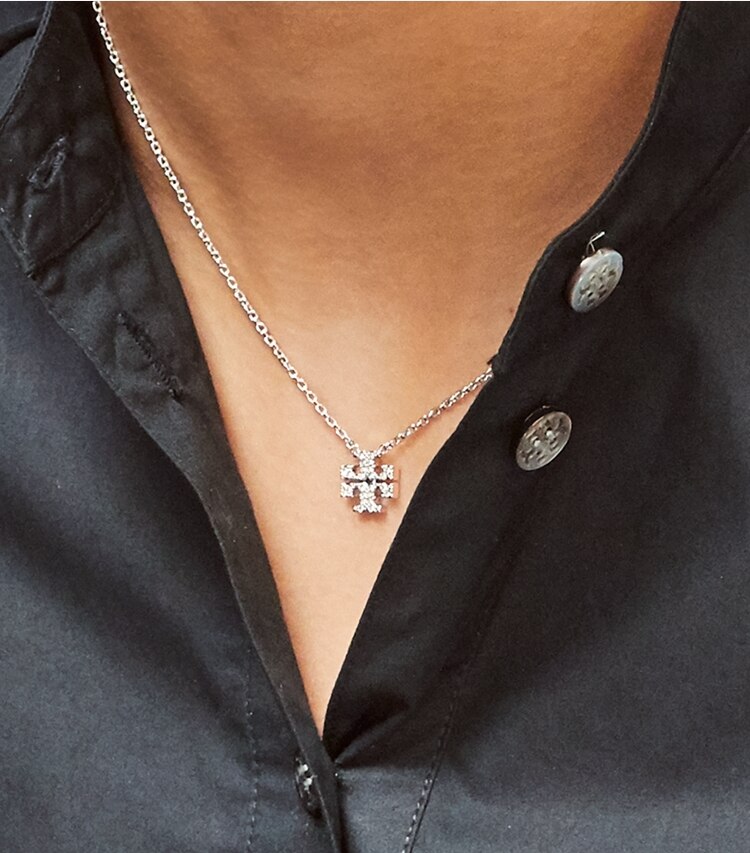 Tory Burch designer necklaces Kira Pavé Delicate Necklace in Tory Silver/Crystal accessory on model