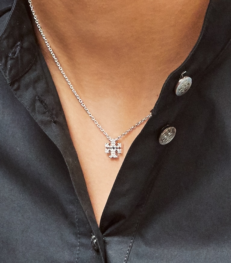Tory Burch designer necklaces Kira Pavé Delicate Necklace in Tory Silver/Crystal front