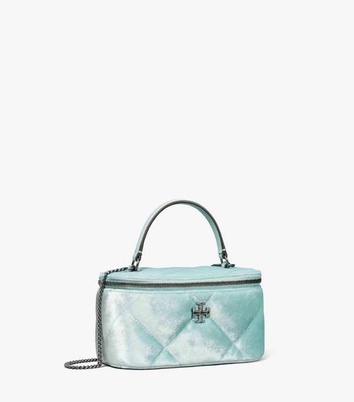 Tory Burch designer ミニバッグ キラ パヴェ ロゴ ベルベット ダイヤモンドキルト ヴァニティケース in Geyser angle