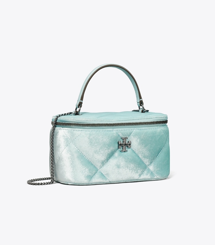 Tory Burch designer ミニバッグ キラ パヴェ ロゴ ベルベット ダイヤモンドキルト ヴァニティケース in Geyser angle