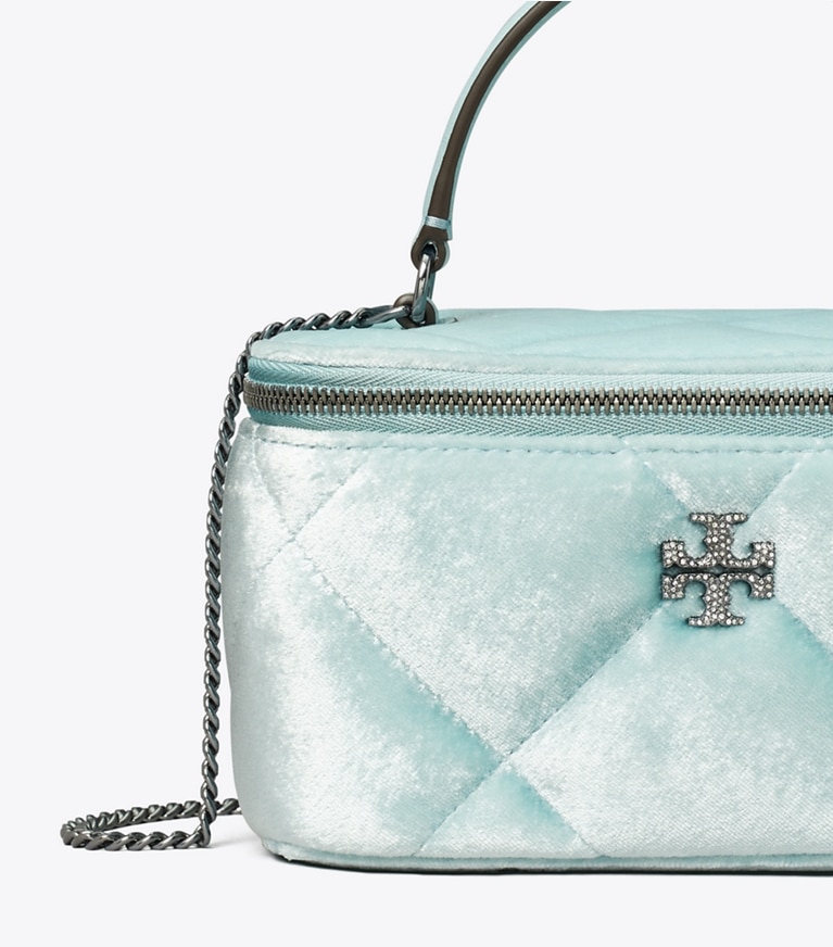Tory Burch designer ミニバッグ キラ パヴェ ロゴ ベルベット ダイヤモンドキルト ヴァニティケース in Geyser angle