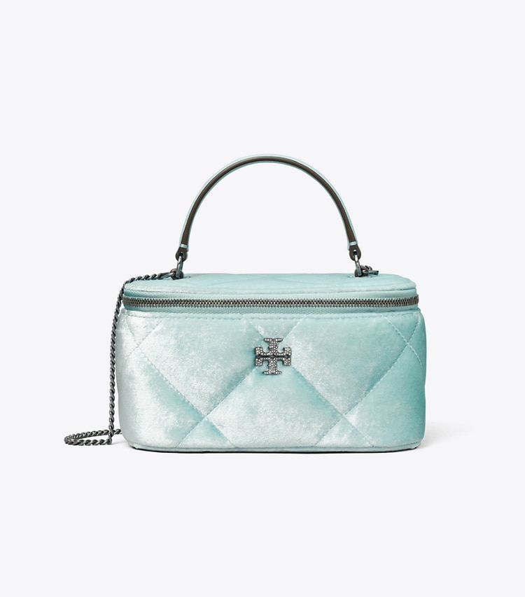 Tory Burch designer ミニバッグ キラ パヴェ ロゴ ベルベット ダイヤモンドキルト ヴァニティケース in Geyser front
