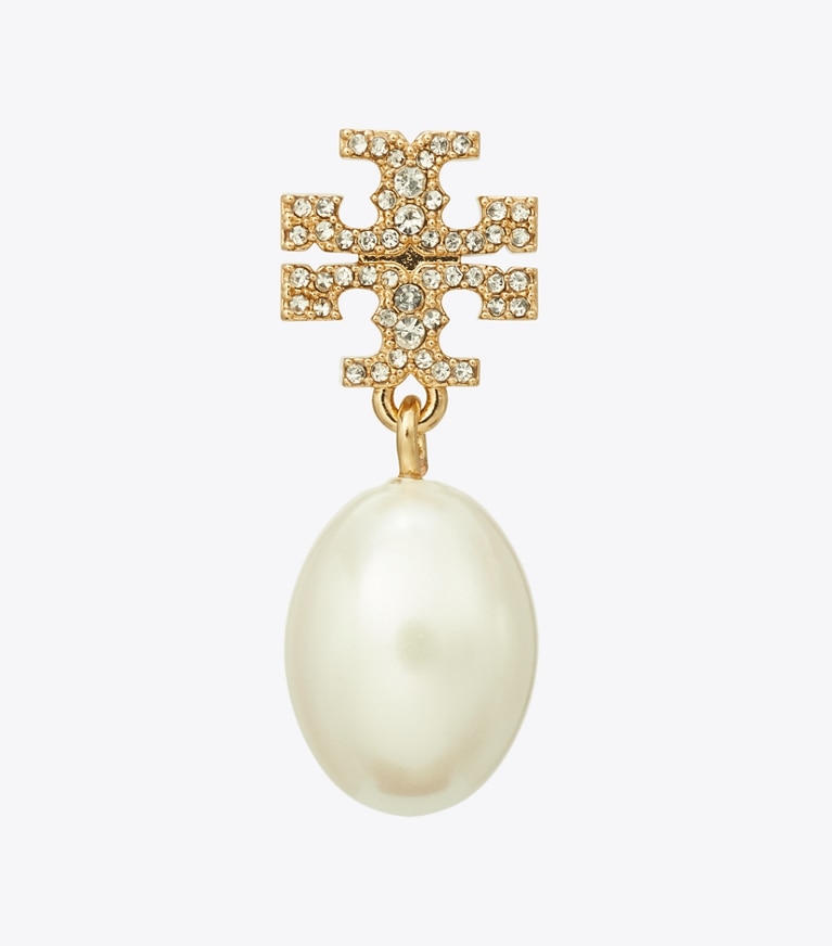 Tory Burch designer earrings Kira Pavé Pearl Drop Earring in Tory Gold / Pearl front
