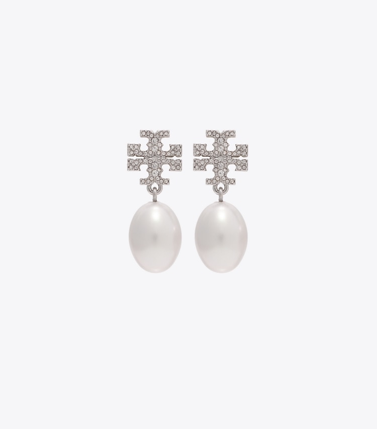 Tory Burch designer イヤリング＆ピアス キラ パヴェ パール ドロップ ピアス in Tory Silver / Pearl front