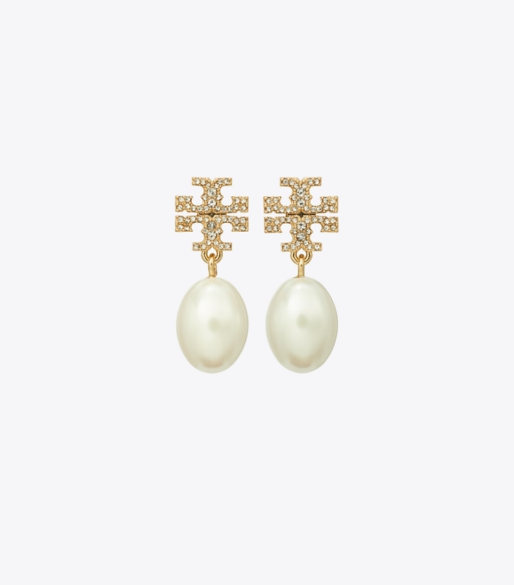 Tory Burch designer earrings Kira Pavé Pearl Drop Earring in Tory Gold / Pearl front