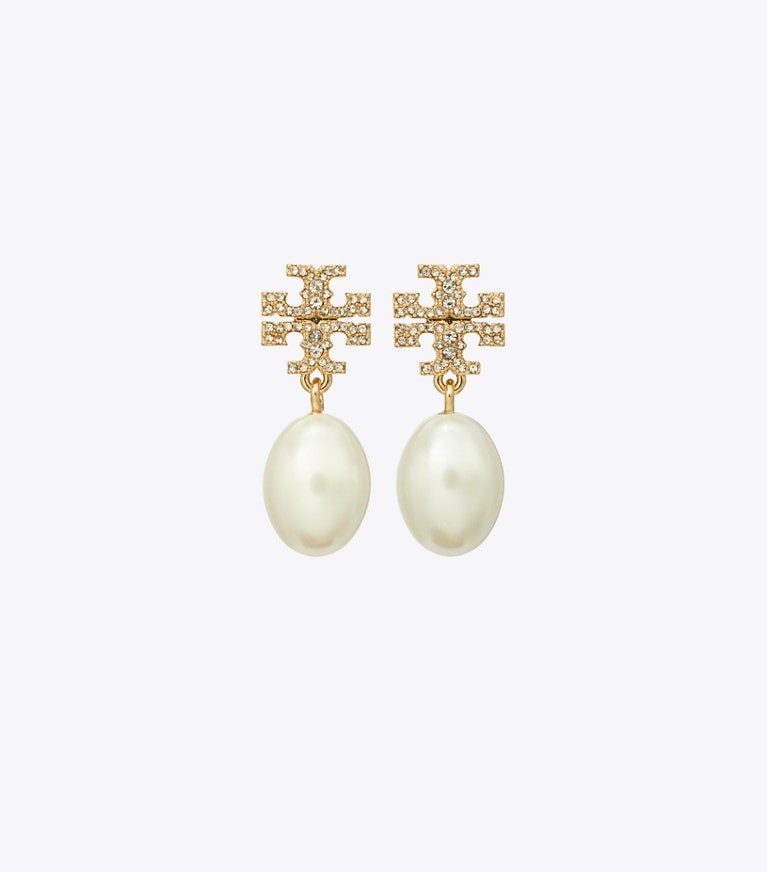 Tory Burch designer earrings Kira Pavé Pearl Drop Earring in Tory Gold / Pearl front