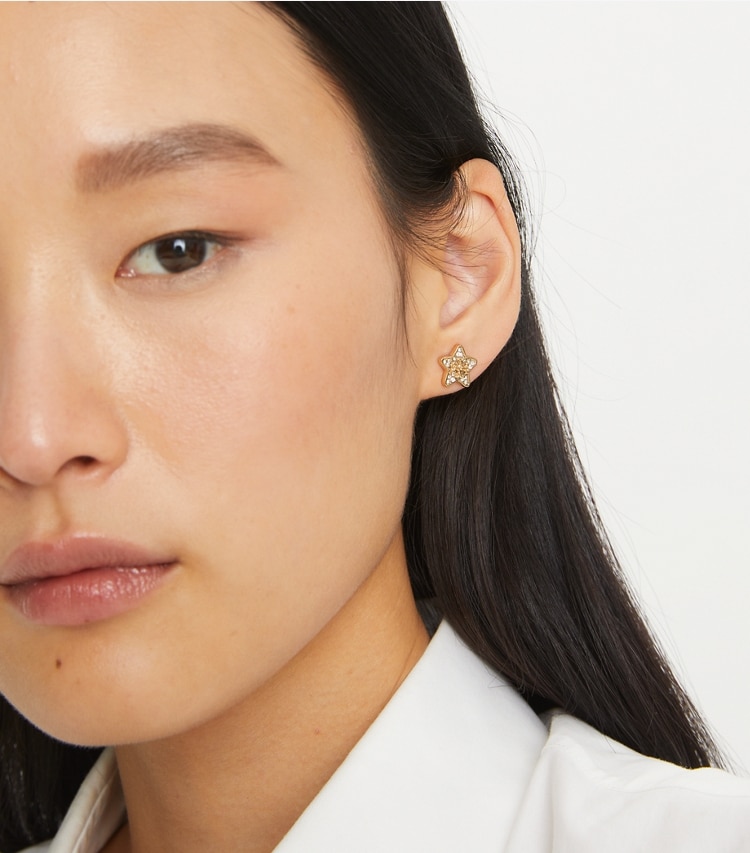 Tory Burch designer earrings Kira Pavé Star Stud Earring in Tory Gold / Crystal accessory on model