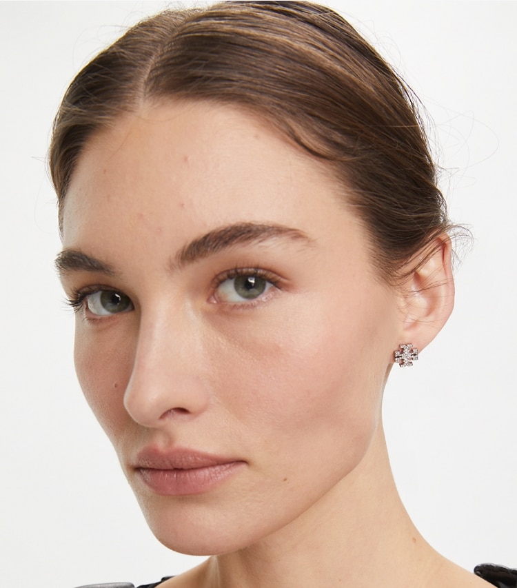 Tory Burch designer earrings Kira Pavé Stud Earring in Tory Silver / Crystal accessory on model