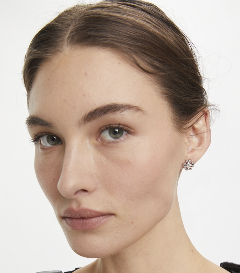 Tory Burch designer earrings Kira Pavé Stud Earrings in Tory Silver / Crystal front