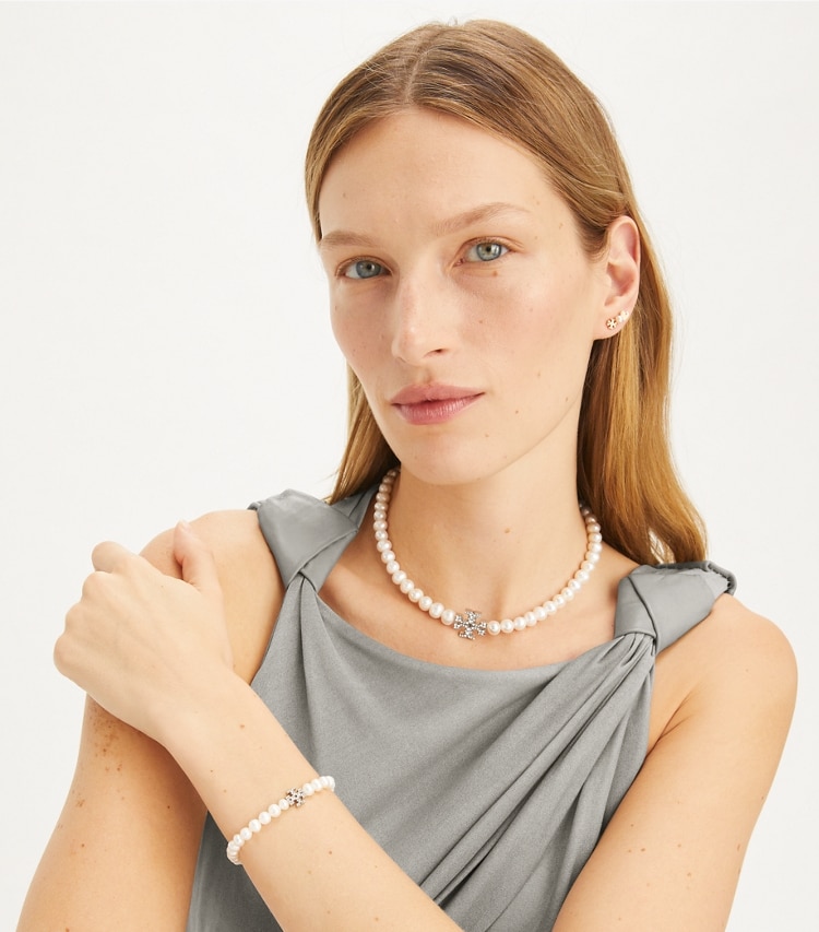 Tory Burch designer bracelets Kira Pearl Bracelet in Tory Silver / Crystal / Pearl accessory on model