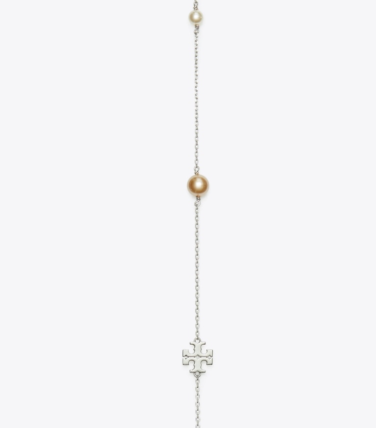 Tory Burch designer necklaces Kira Pearl Delicate Long Necklace in Tory Silver / Pearl front