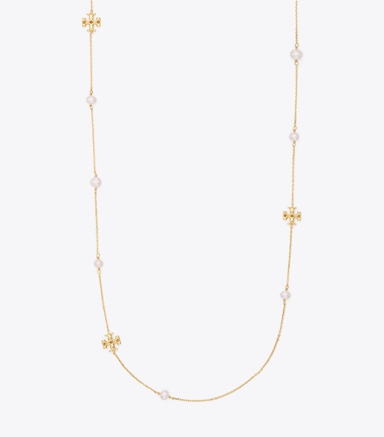 Tory Burch designer necklaces Kira Pearl Delicate Long Necklace in Tory Gold / Pearl front