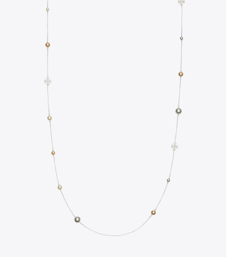 Tory Burch designer necklaces Kira Pearl Delicate Long Necklace in Tory Silver / Pearl front