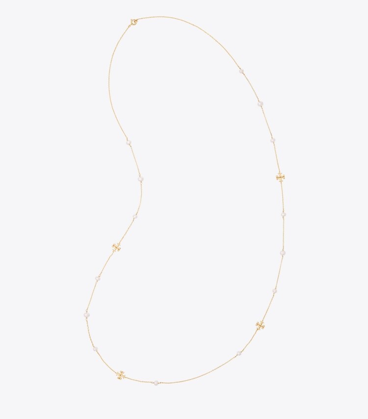 Tory Burch designer necklaces Kira Pearl Delicate Long Necklace in Tory Gold / Pearl overhead