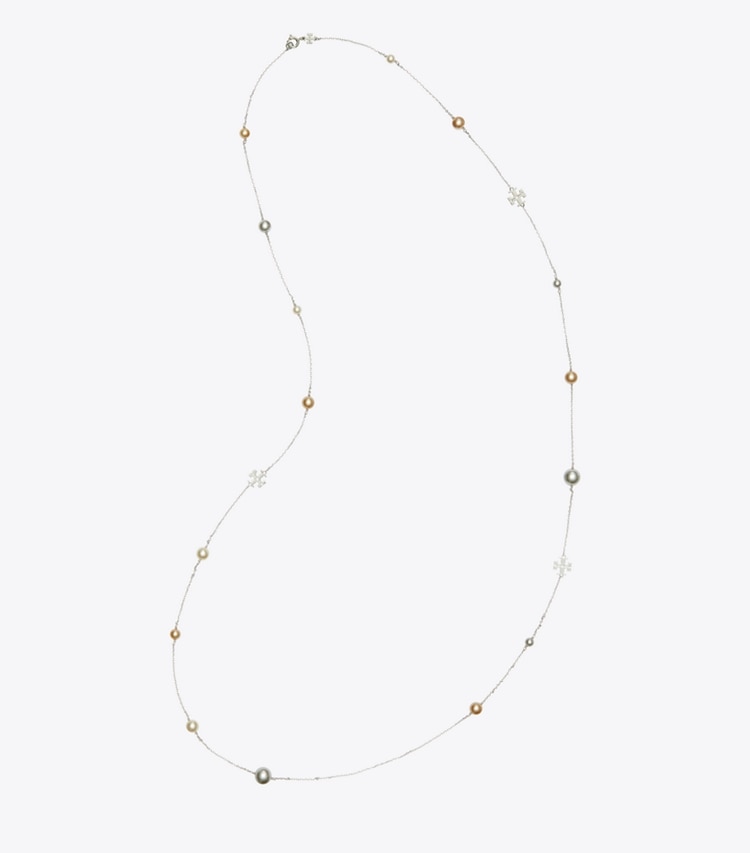 Tory Burch designer necklaces Kira Pearl Delicate Long Necklace in Tory Silver / Pearl overhead