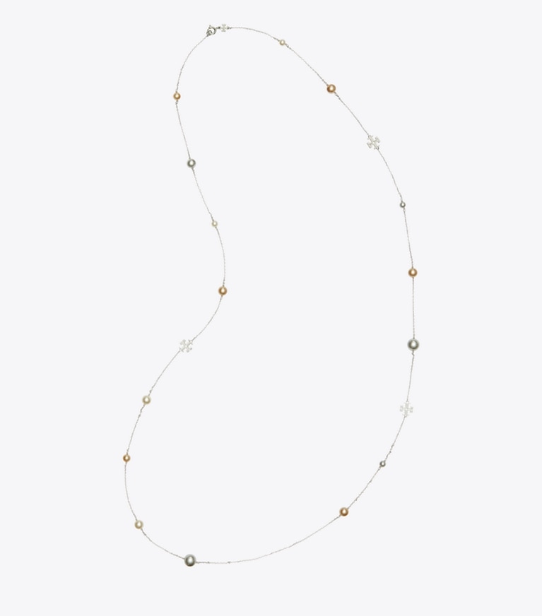Tory Burch designer necklaces Kira Pearl Delicate Long Necklace in Tory Silver / Pearl front