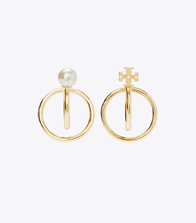 Tory Burch designer earrings Kira Pearl Double Hoop Earring in Tory Gold / Cream detail