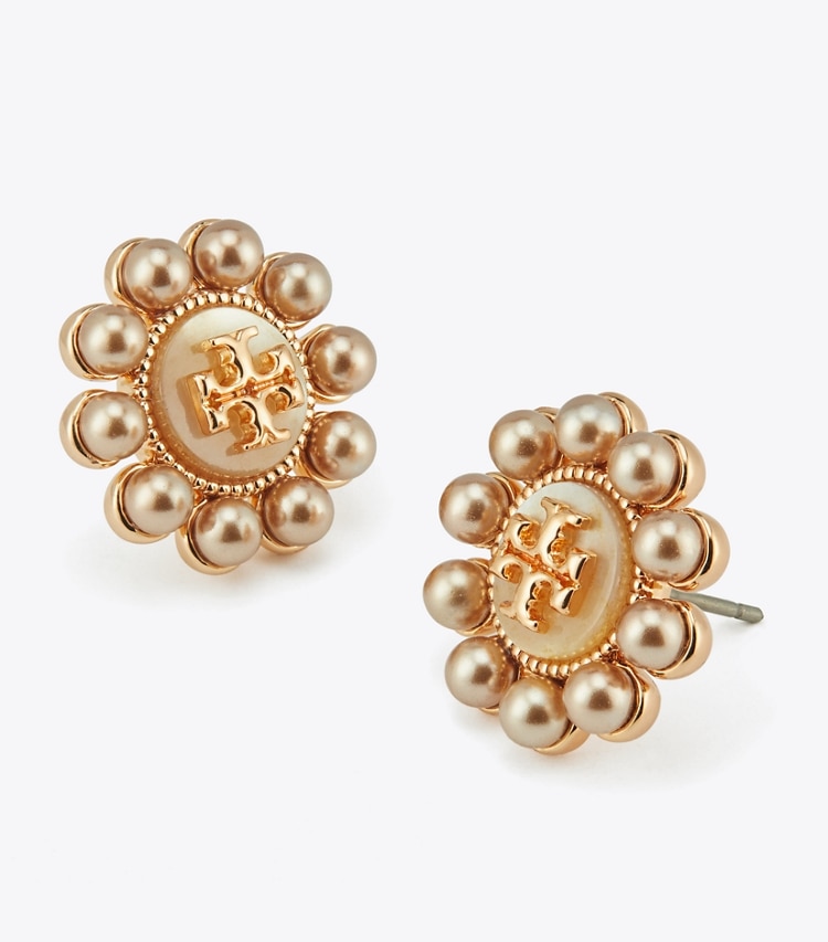 Tory Burch designer earrings Kira Pearl Flower Stud in Tory Gold / Pink / Cream detail