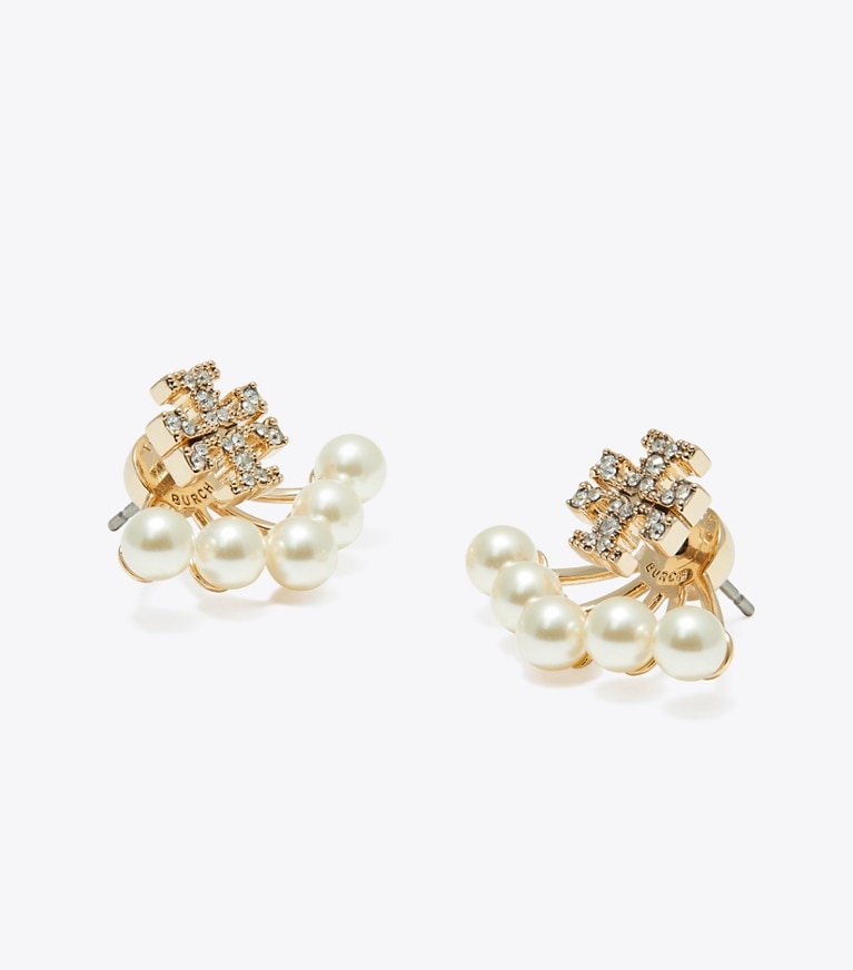 Tory Burch designer earrings Kira Pearl Front-Back Earring in Tory Gold / Pearl / Crystal front