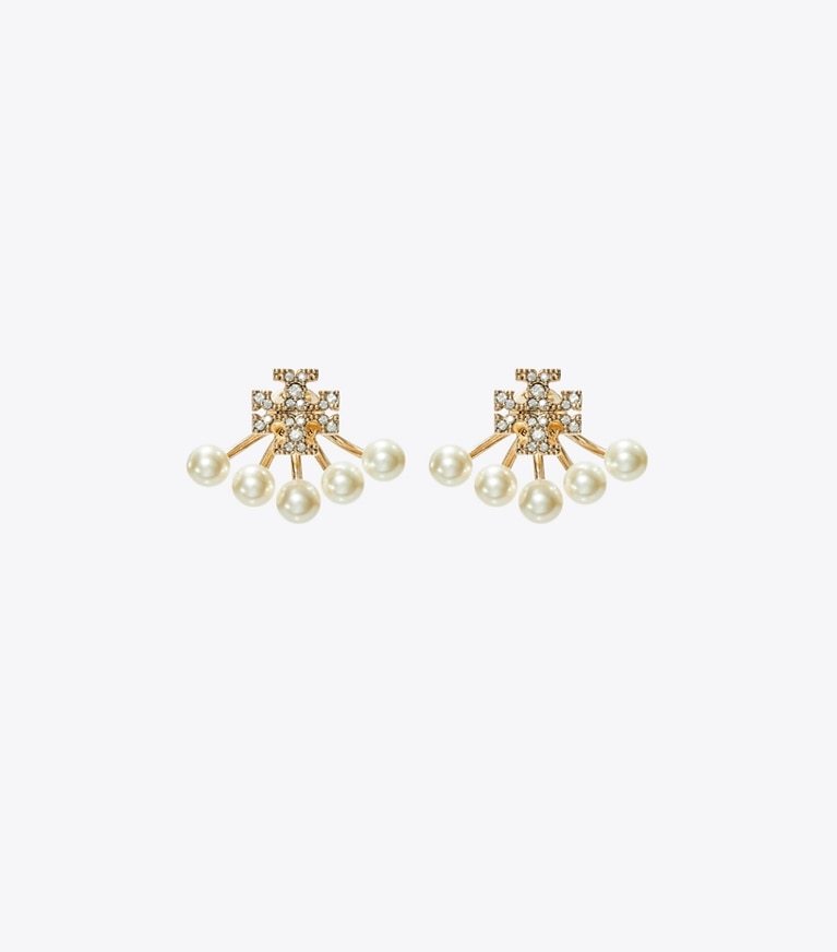 Tory Burch designer earrings Kira Pearl Front-Back Earring in Tory Gold / Pearl / Crystal front