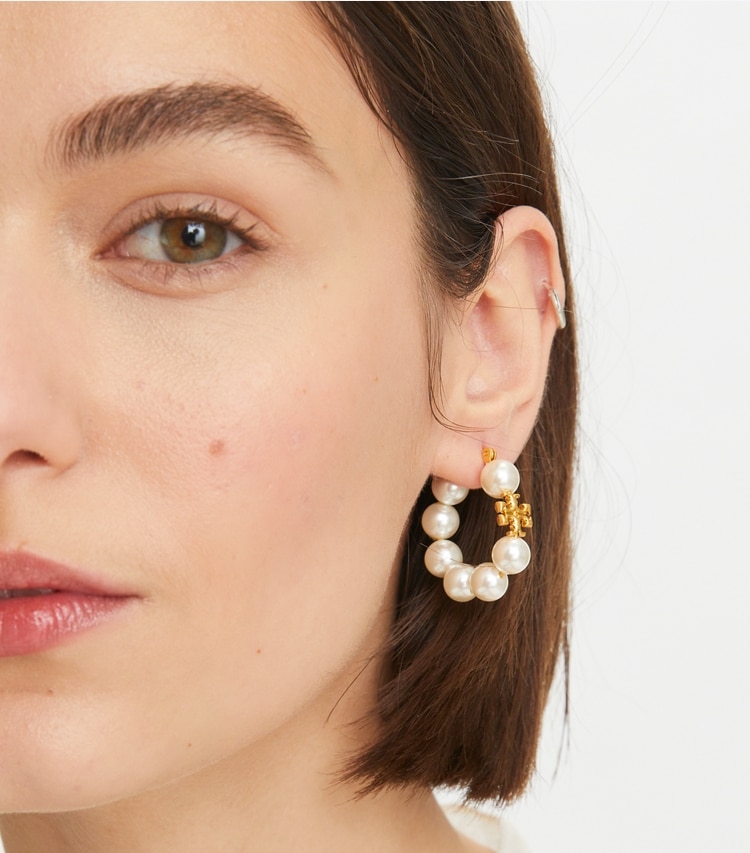 Tory Burch designer earrings Kira Pearl Hoop Earring in Rolled Brass #59 / Ivory accessory on model
