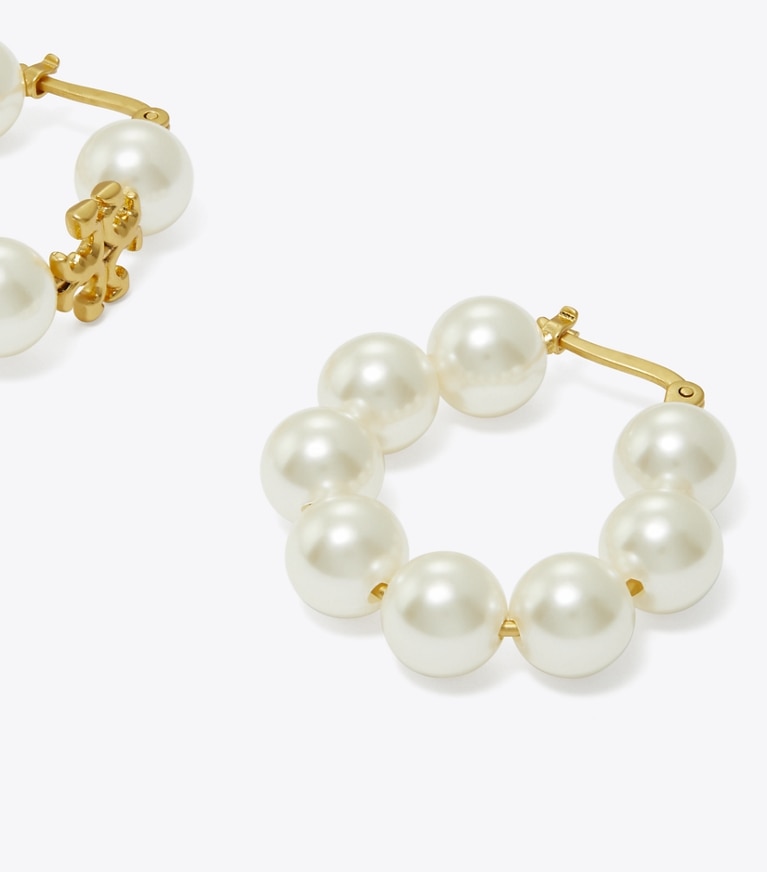 Tory Burch designer earrings Kira Pearl Hoop Earrings in Rolled Brass #59 / Ivory front