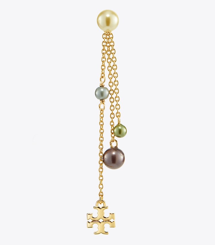 Tory Burch designer earrings Kira Pearl Linear Earring in Tory Gold / Multi detail