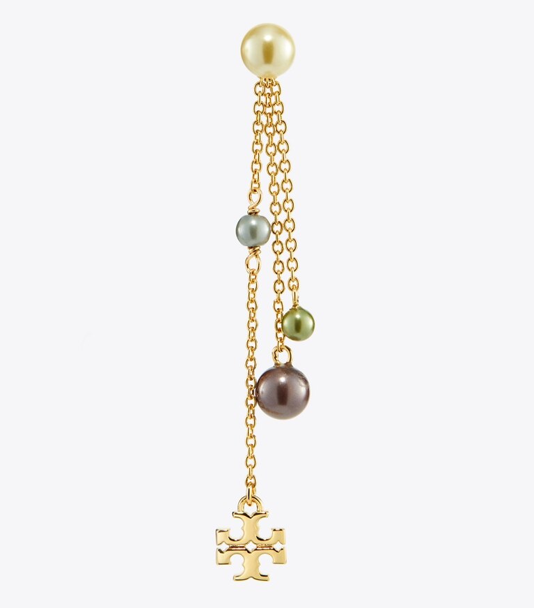 Tory Burch designer earrings Kira Pearl Linear Earring in Tory Gold / Multi front