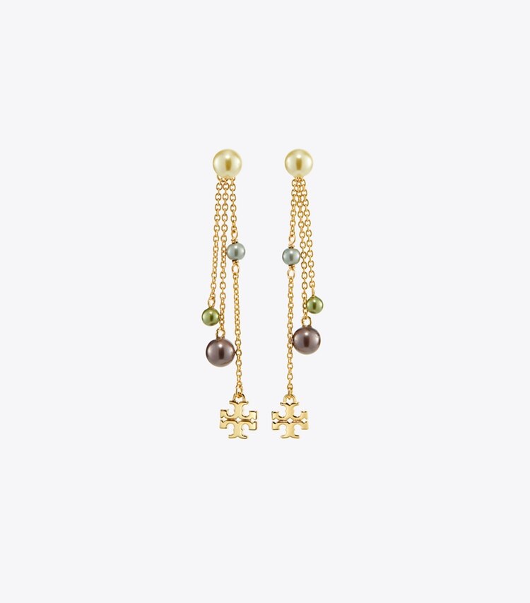 Tory Burch designer earrings Kira Pearl Linear Earring in Tory Gold / Multi front