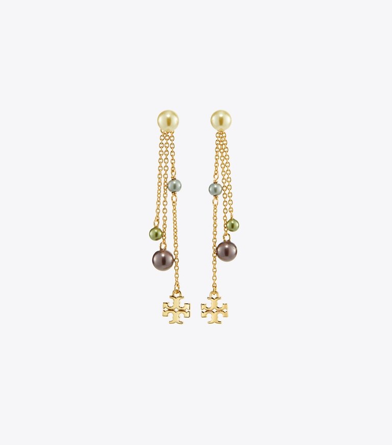 Tory Burch designer earrings Kira Pearl Linear Earring in Tory Gold / Multi front