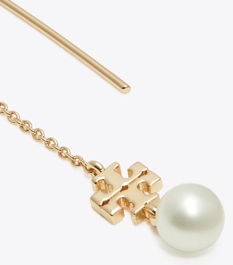 Tory Burch designer earrings Kira Pearl Long Earring in Tory Gold / Pearl front