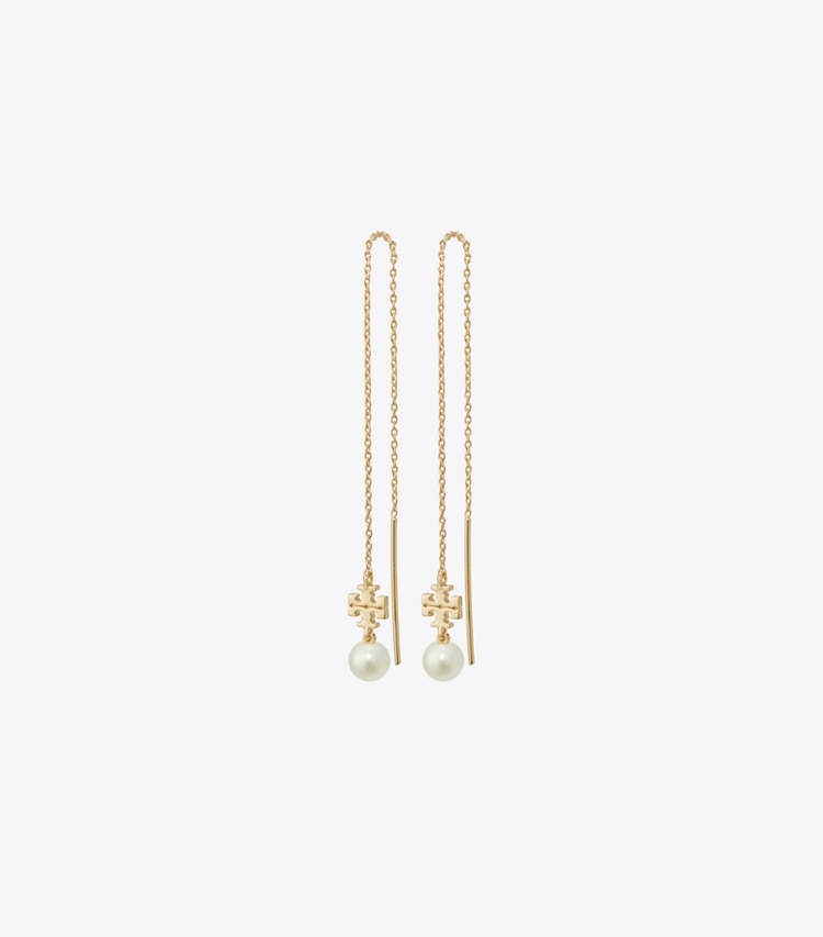 Tory Burch designer earrings Kira Pearl Long Earring in Tory Gold / Pearl front