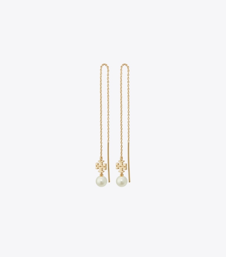 Tory Burch designer earrings Kira Pearl Long Earring in Tory Gold / Pearl front