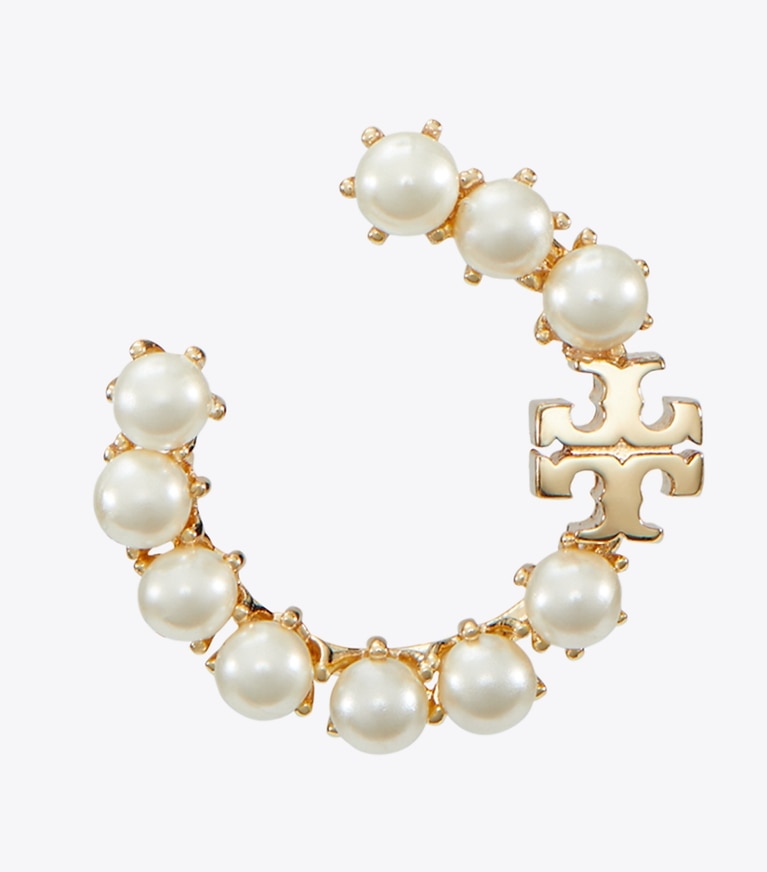 Tory Burch designer earrings Kira Pearl Loop Earring in Tory Gold / Pearl front