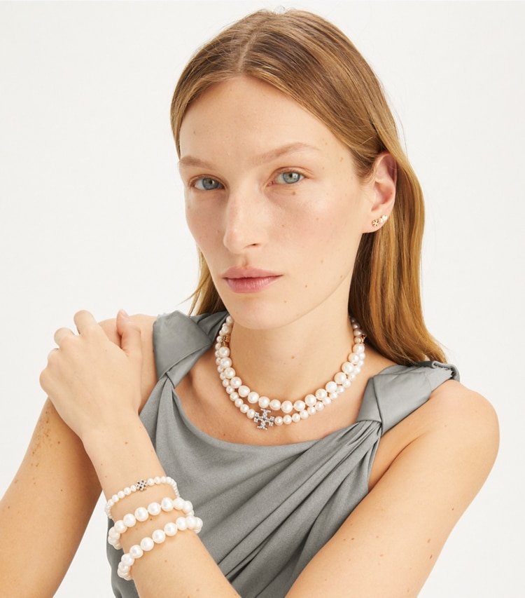 Tory Burch designer necklaces Kira Pearl Necklace in Tory Silver / Pearl / Crystal additional on model